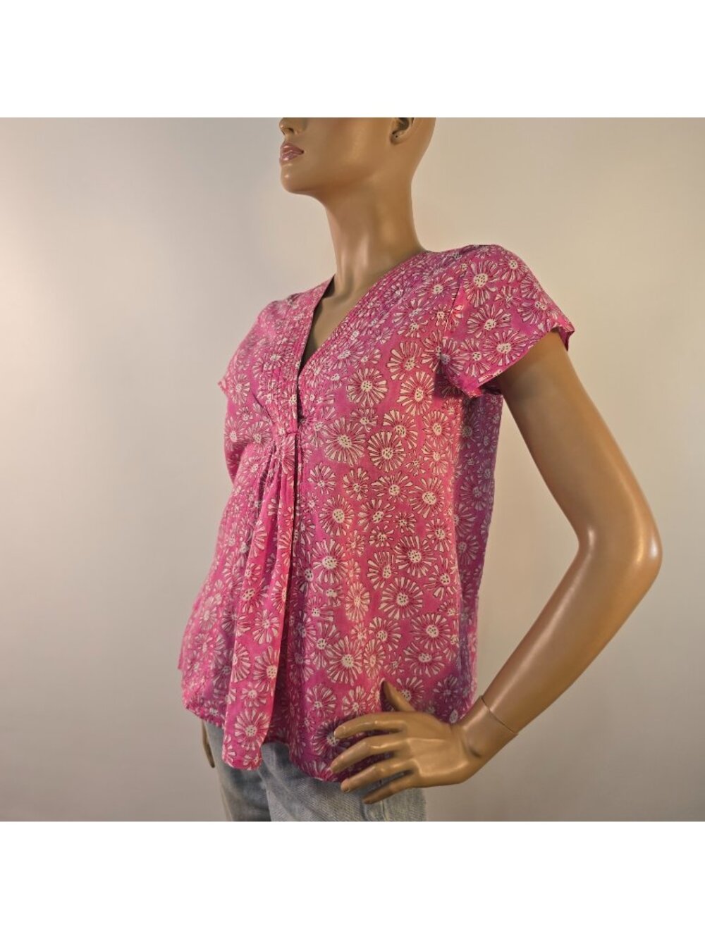 Zen Ethic Organic Cotton Pink Floral Blouse Sz S Coastal Boho Designed In France
